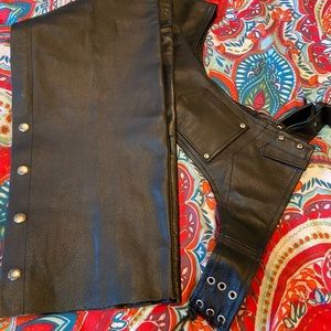 Unisex black leather motorcycle chaps, size medium